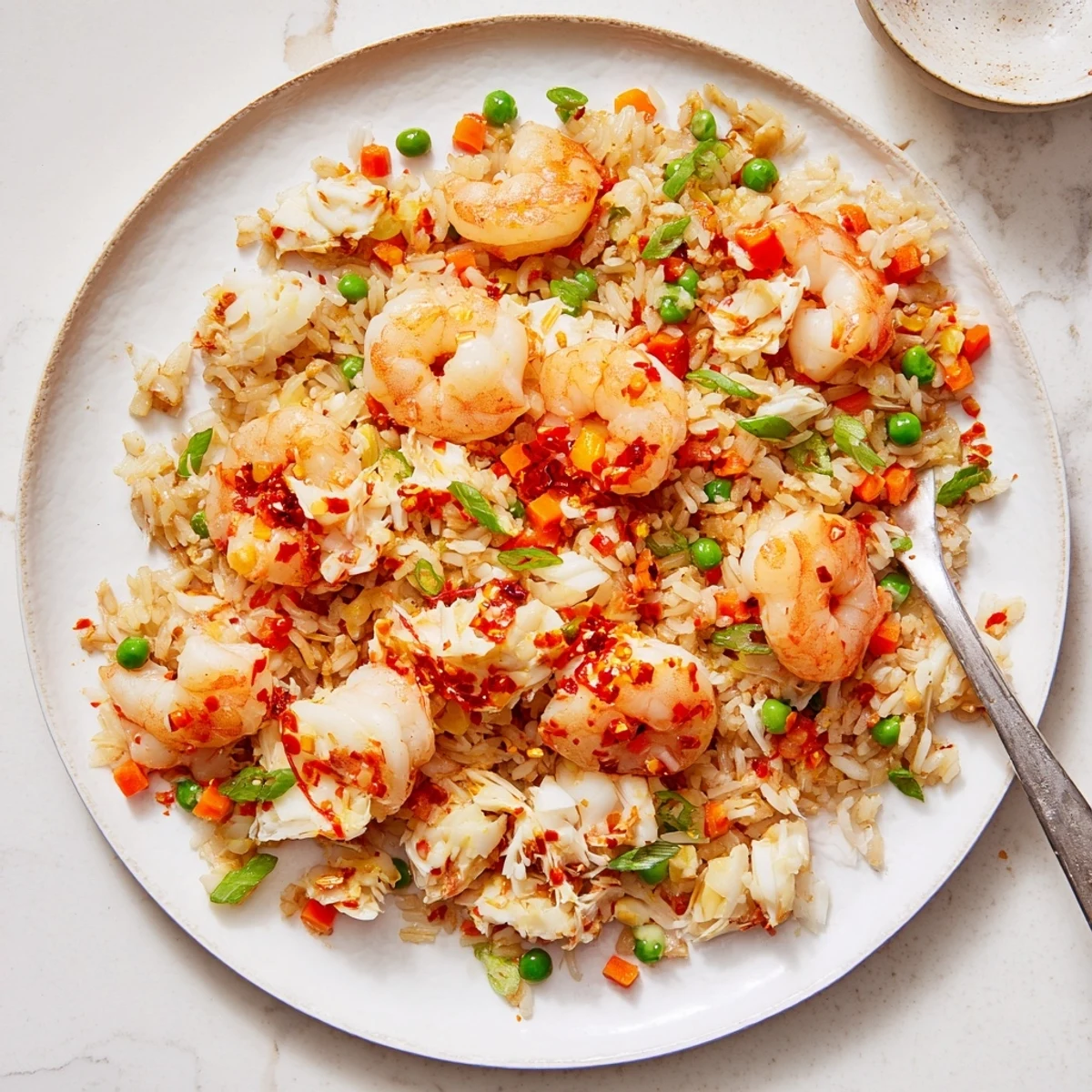 Vibrant Asian fusion seafood fried rice topped with homemade garlic chili oil in a white serving bowl
