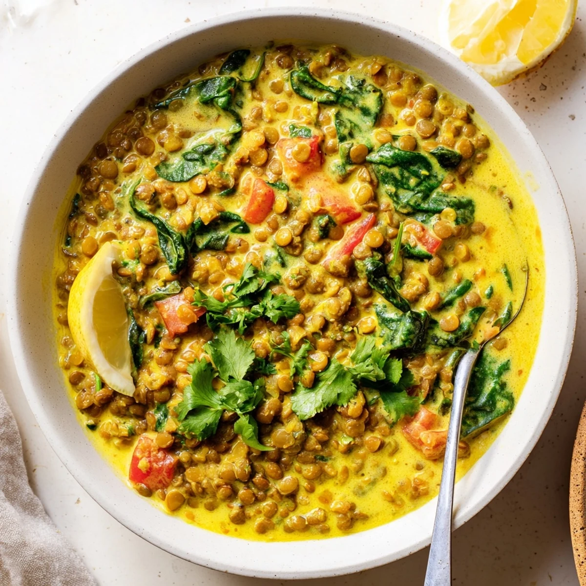 Golden Greek yogurt lentil curry with fresh cilantro garnish in white serving bowl