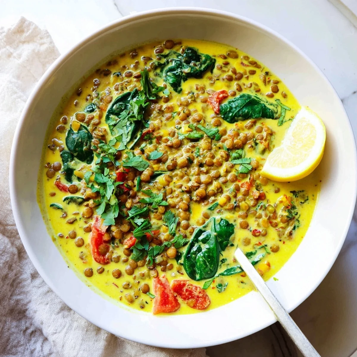 Rich and aromatic Greek yogurt lentil curry topped with lemon wedges and spices