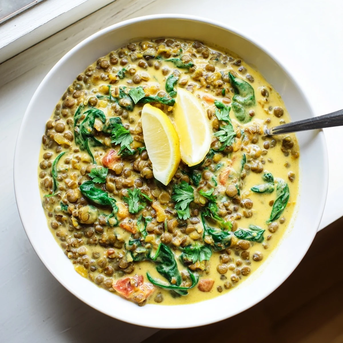 Creamy vegetarian Greek yogurt lentil curry served over steamed basmati rice with naan