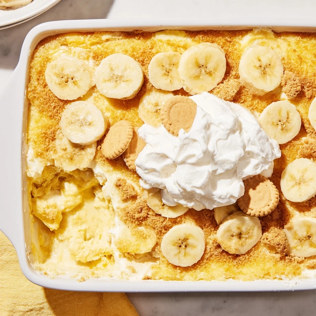 Rich layered dessert featuring creamy cheesecake banana pudding and buttery yellow cake crumble with vanilla wafers