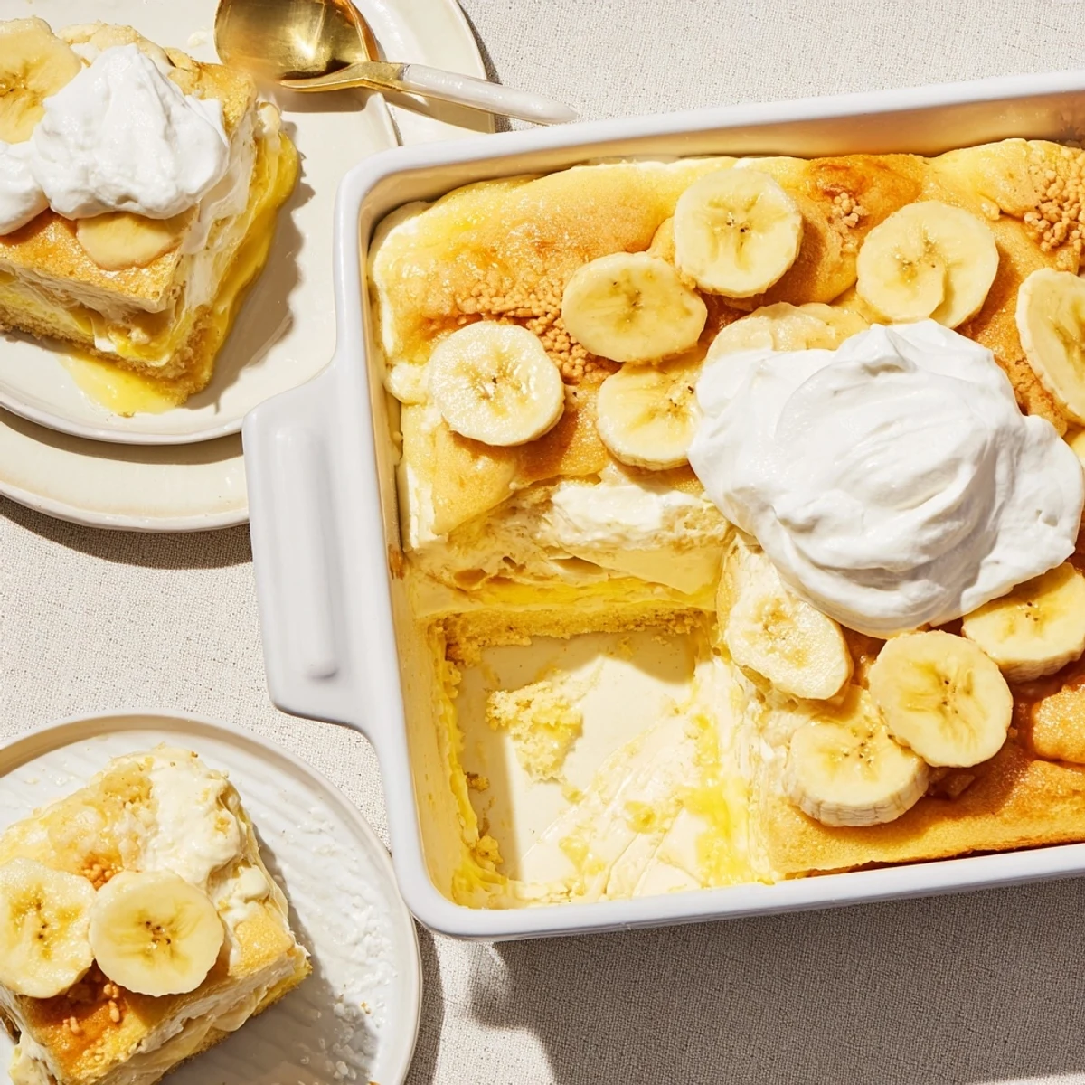 Golden Southern banana pudding cheesecake dump cake topped with fluffy whipped cream and fresh banana slices