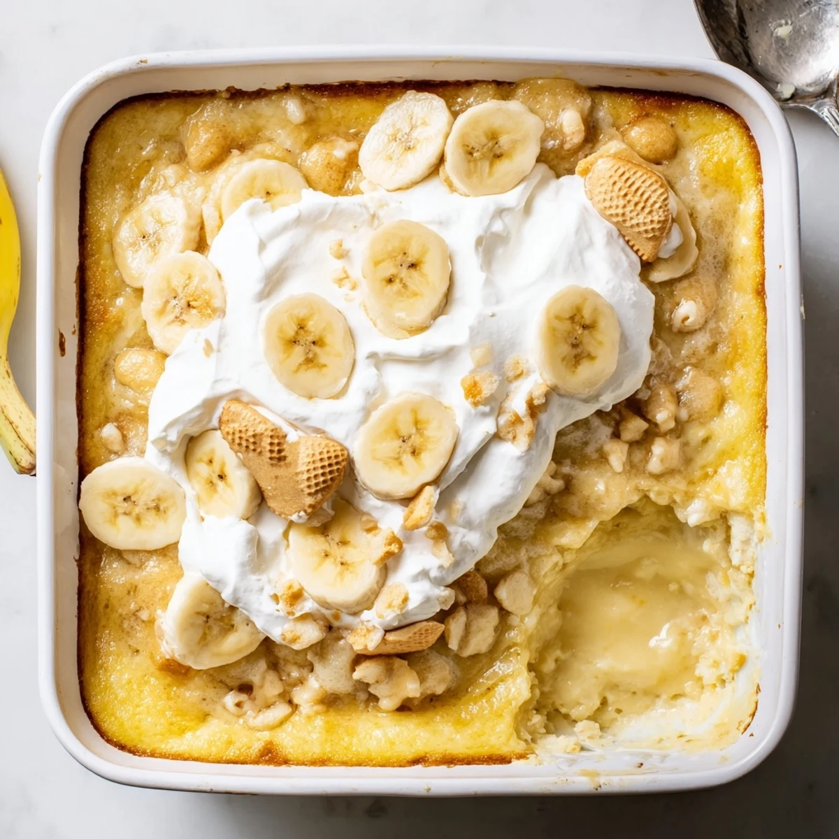 Gooey warm Southern banana pudding cheesecake dump cake drizzled with melted butter and garnished with wafer cookies
