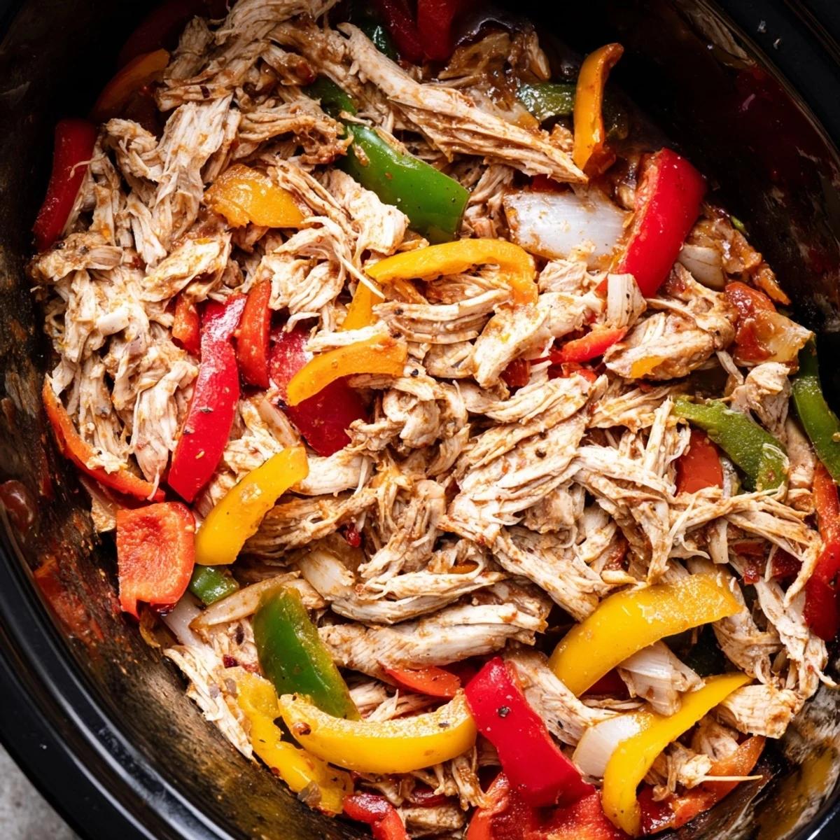 Colorful slow cooker chicken fajitas with tender shredded meat and vibrant bell peppers served in warm tortillas