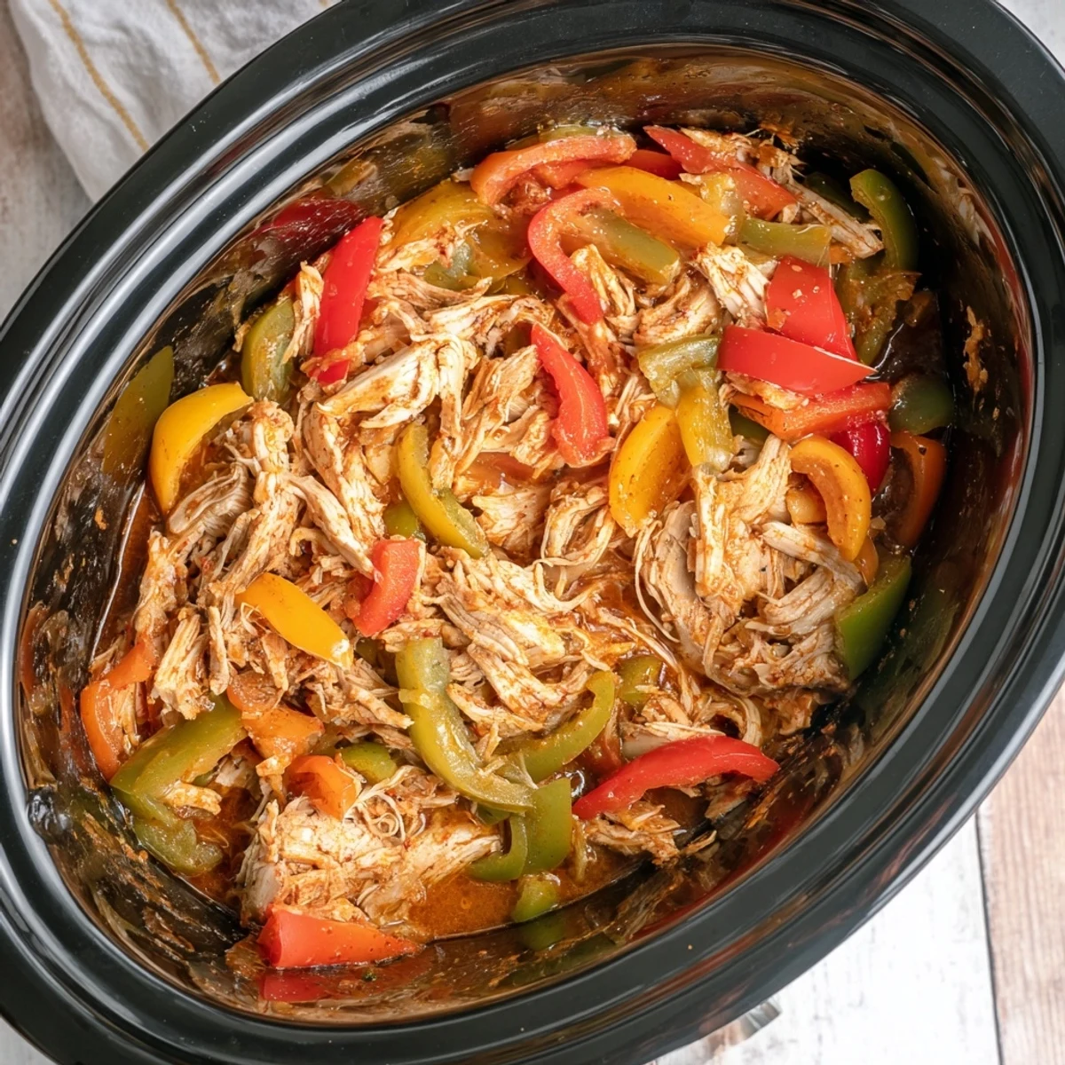 Heaping tortilla filled with savory slow cooker chicken fajitas topped with avocado and melted cheese