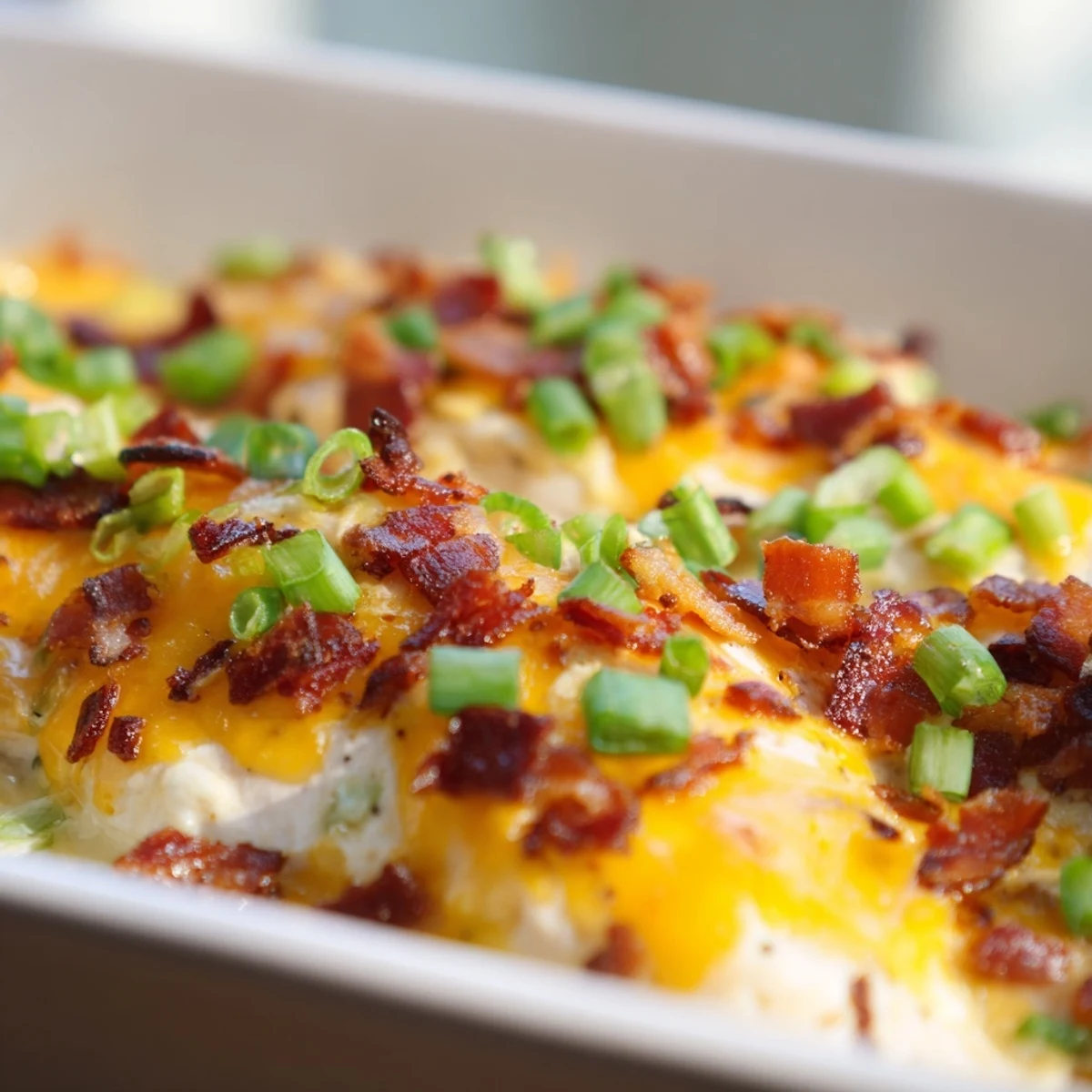 Baked crack chicken breasts bubbling with golden cheese and crumbled bacon, garnished with fresh green onions