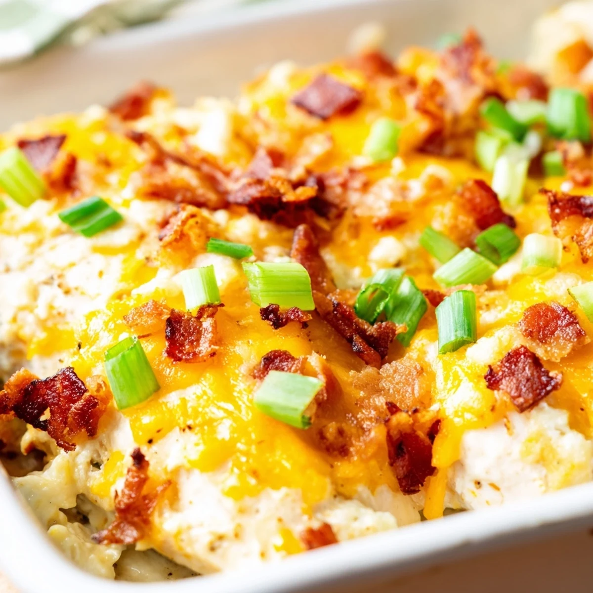 Creamy crack chicken topped with melted cheddar and crispy bacon on a white baking dish