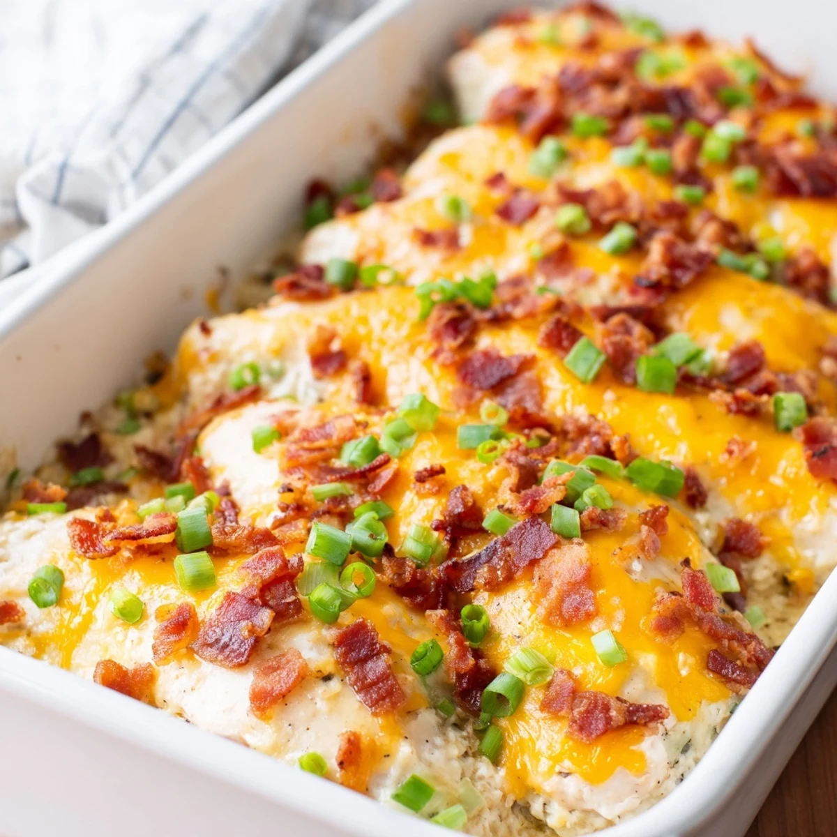 Savory crack chicken casserole with ranch cream cheese sauce and crispy bacon pieces, ready to serve