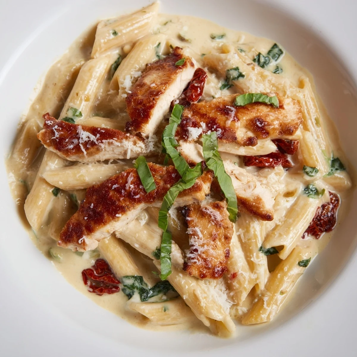 Creamy Marry Me Chicken Pasta with sun-dried tomatoes and golden sliced chicken breast