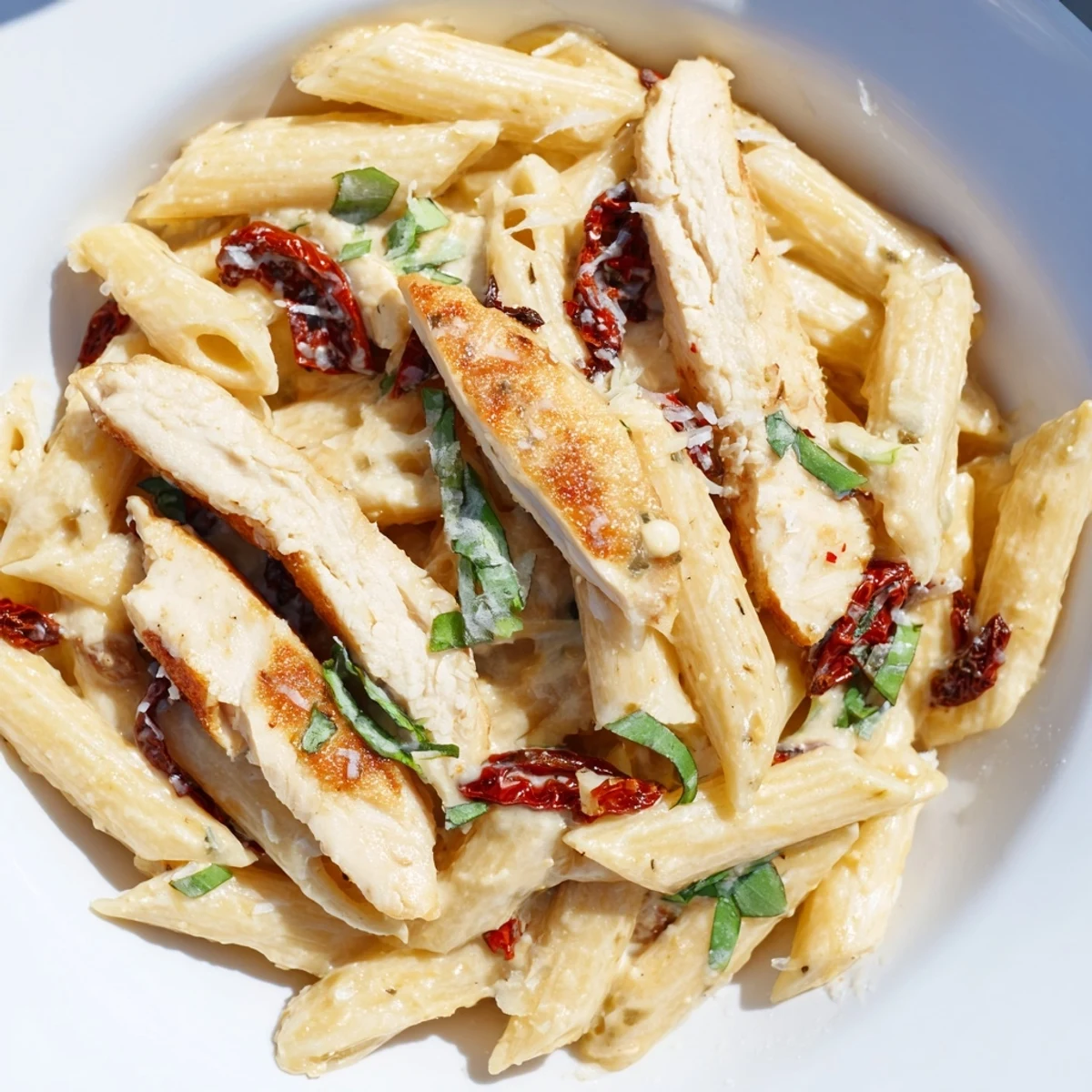 Marry Me Chicken Pasta plated with fresh basil and extra grated parmesan cheese