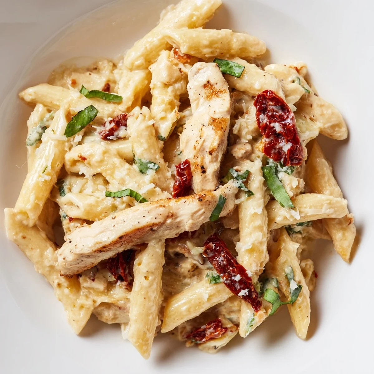 Tender penne tossed in rich garlic parmesan cream sauce with juicy chicken strips