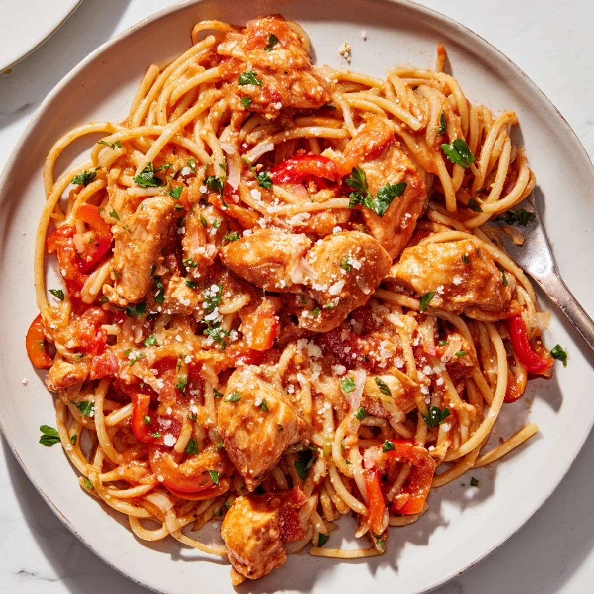Comforting Instant Pot chicken spaghetti steaming in a bowl topped with fresh green parsley garnish