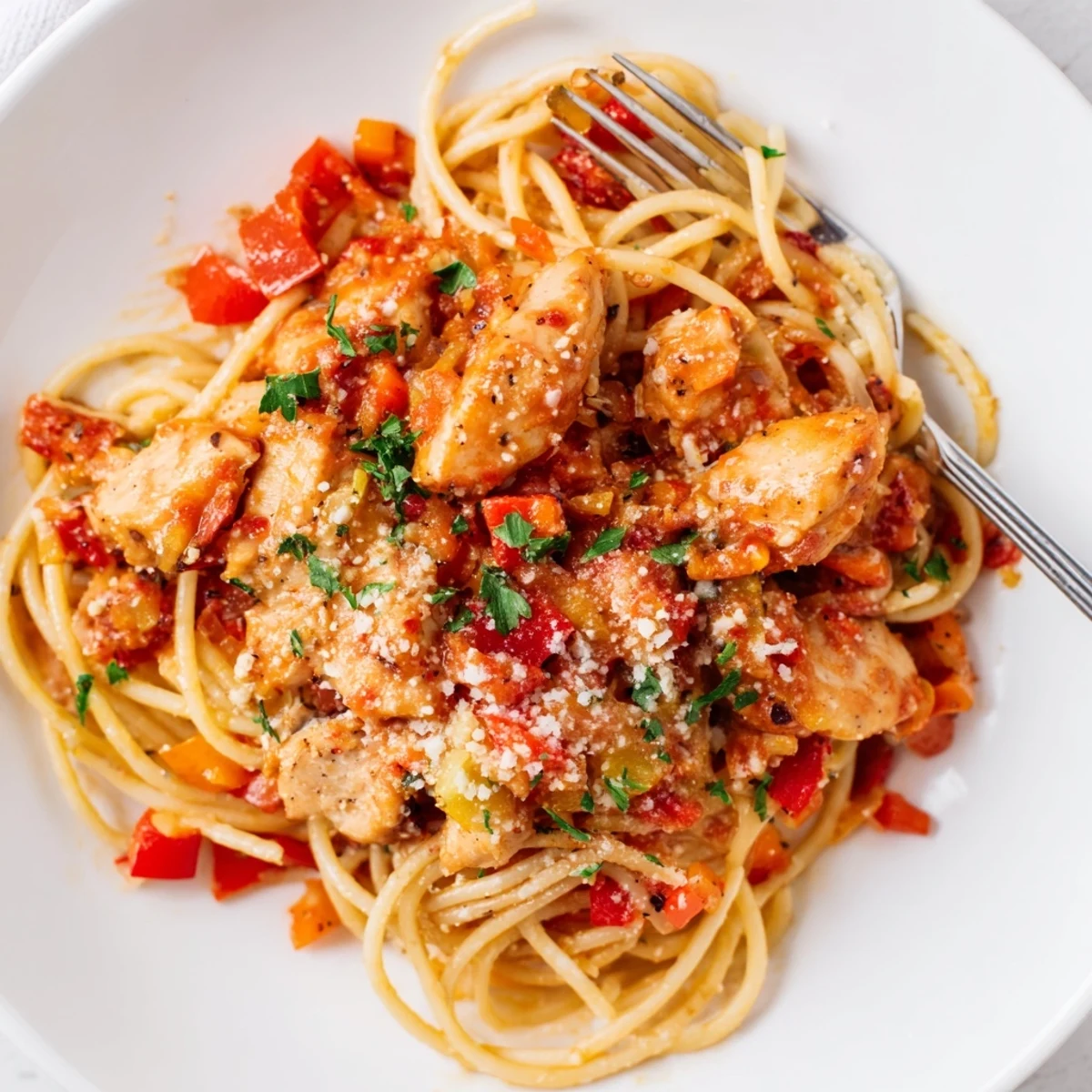 Golden spaghetti noodles coated in savory tomato sauce with tender chicken bites and grated Parmesan