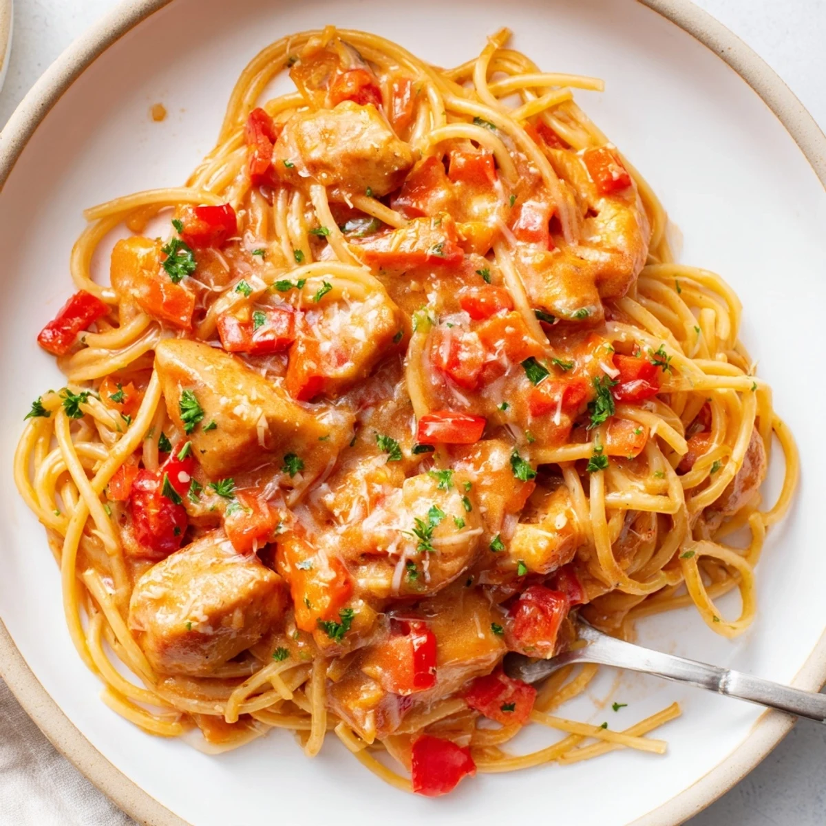 Creamy tomato-based chicken spaghetti dish served in a white bowl with melted Parmesan cheese sprinkled on top
