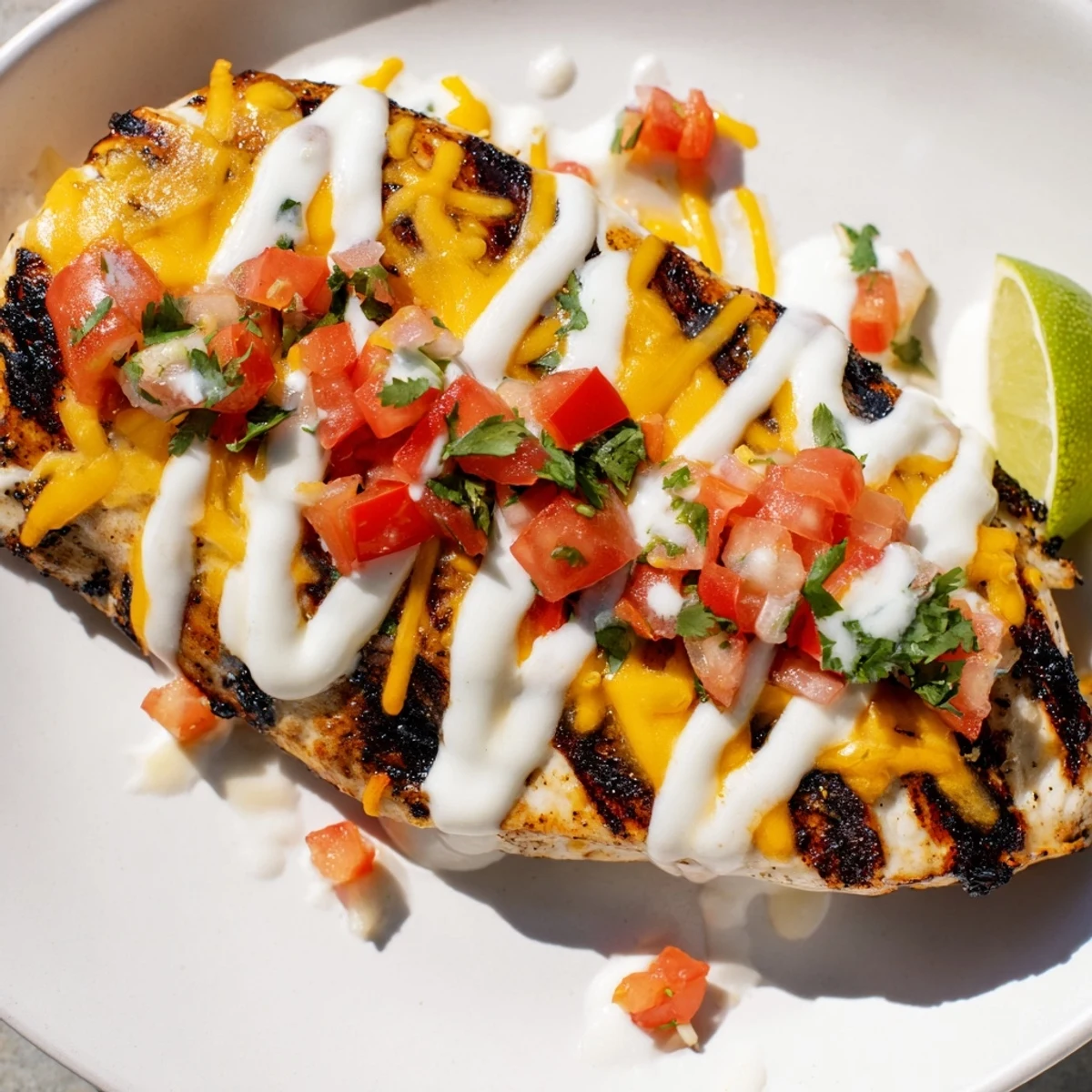 Golden grilled fiesta lime chicken topped with melted cheddar and drizzled with tangy cream sauce