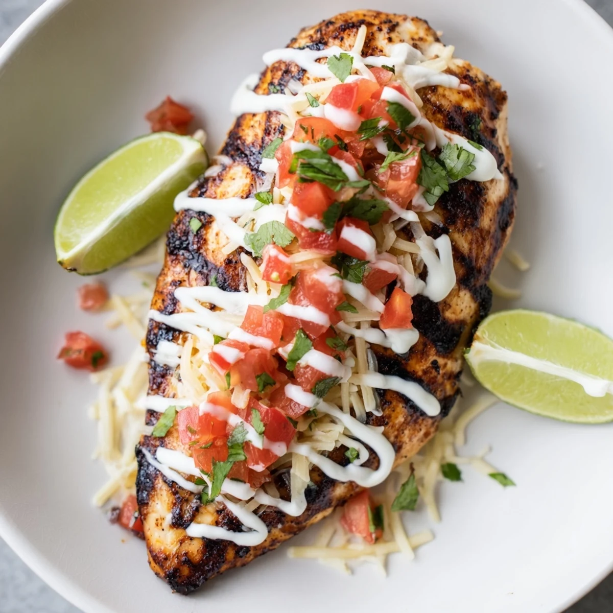 Zesty lime marinated chicken breasts garnished with fresh cilantro and pico de gallo on a plate