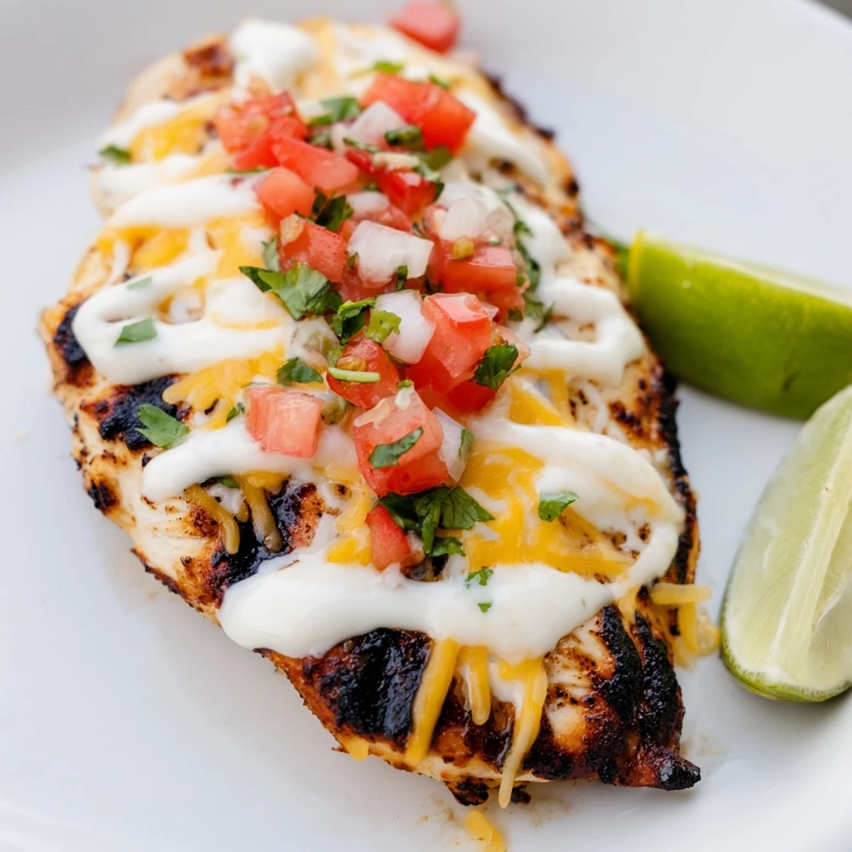 Southwestern fiesta lime chicken dinner with melted cheese, fiesta sauce, and fresh lime wedges