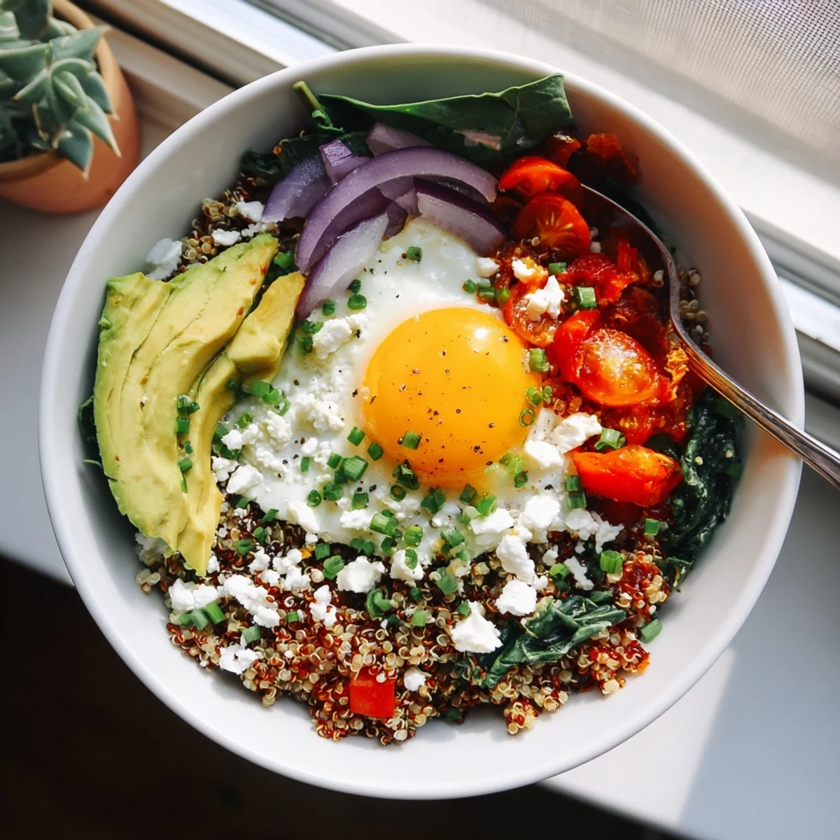 Golden fried egg atop savory quinoa breakfast bowl with colorful sautéed vegetables and fresh herbs