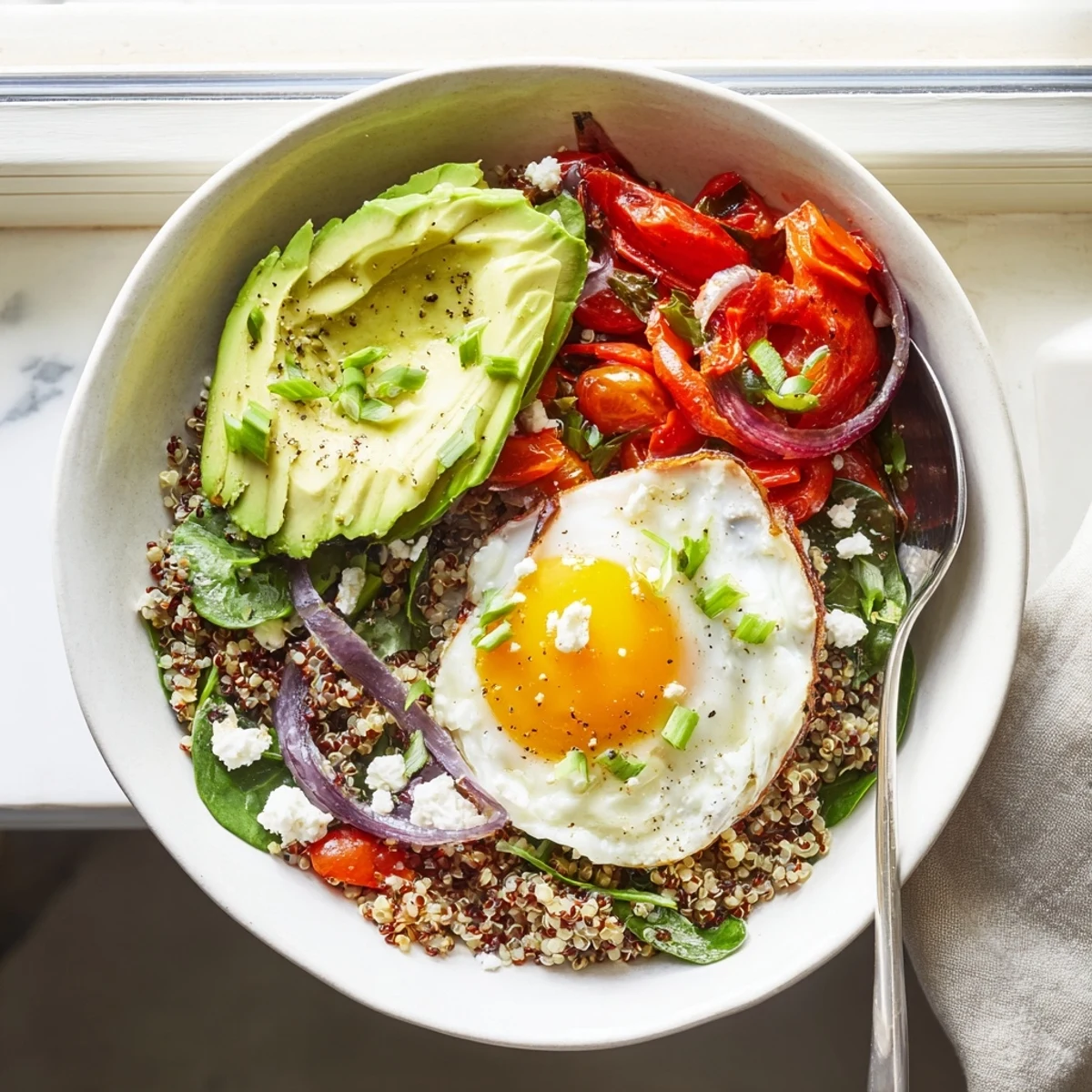 Hearty savory quinoa breakfast bowl featuring fluffy quinoa, wilted spinach, and runny yolk