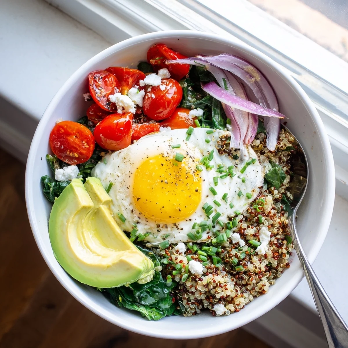 Protein-rich savory quinoa breakfast bowl in white dish topped with perfectly fried egg and avocado slices