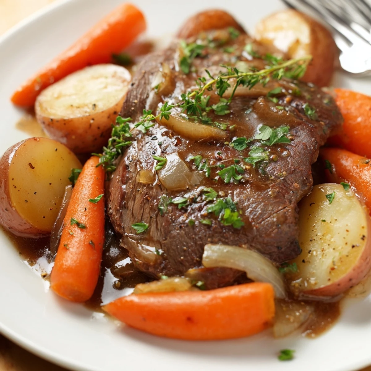 Hearty slow cooker steak and potatoes garnished with fresh parsley and served family-style