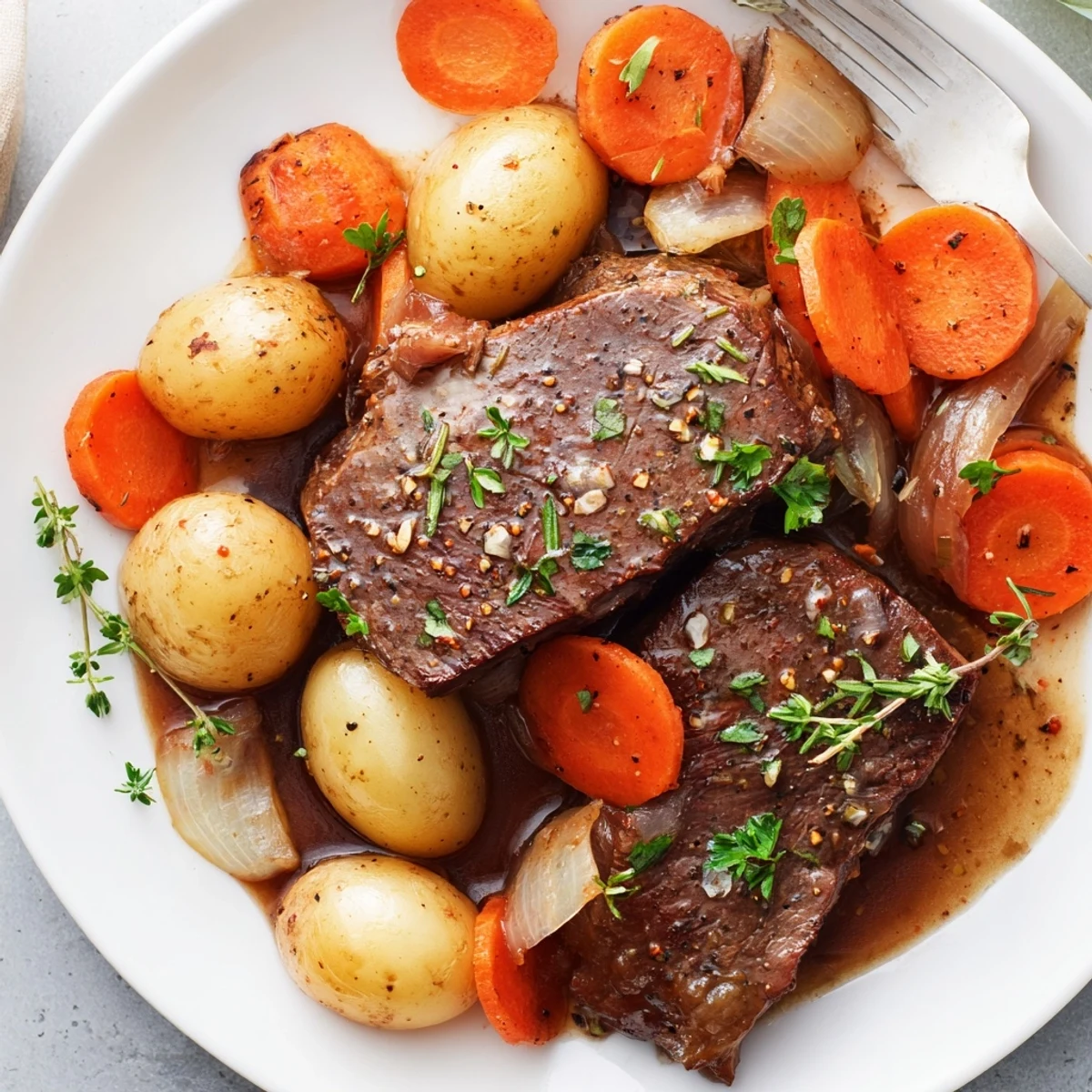 Comforting slow cooker steak and potatoes featuring seared beef nestled alongside buttery baby potatoes