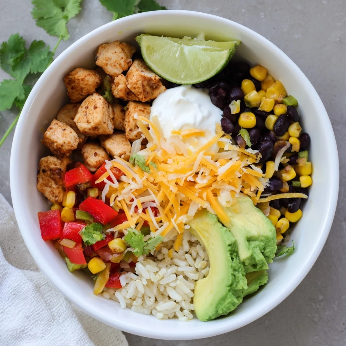 Colorful Instant Pot chicken burrito bowls topped with cheese, avocado, cilantro and sour cream