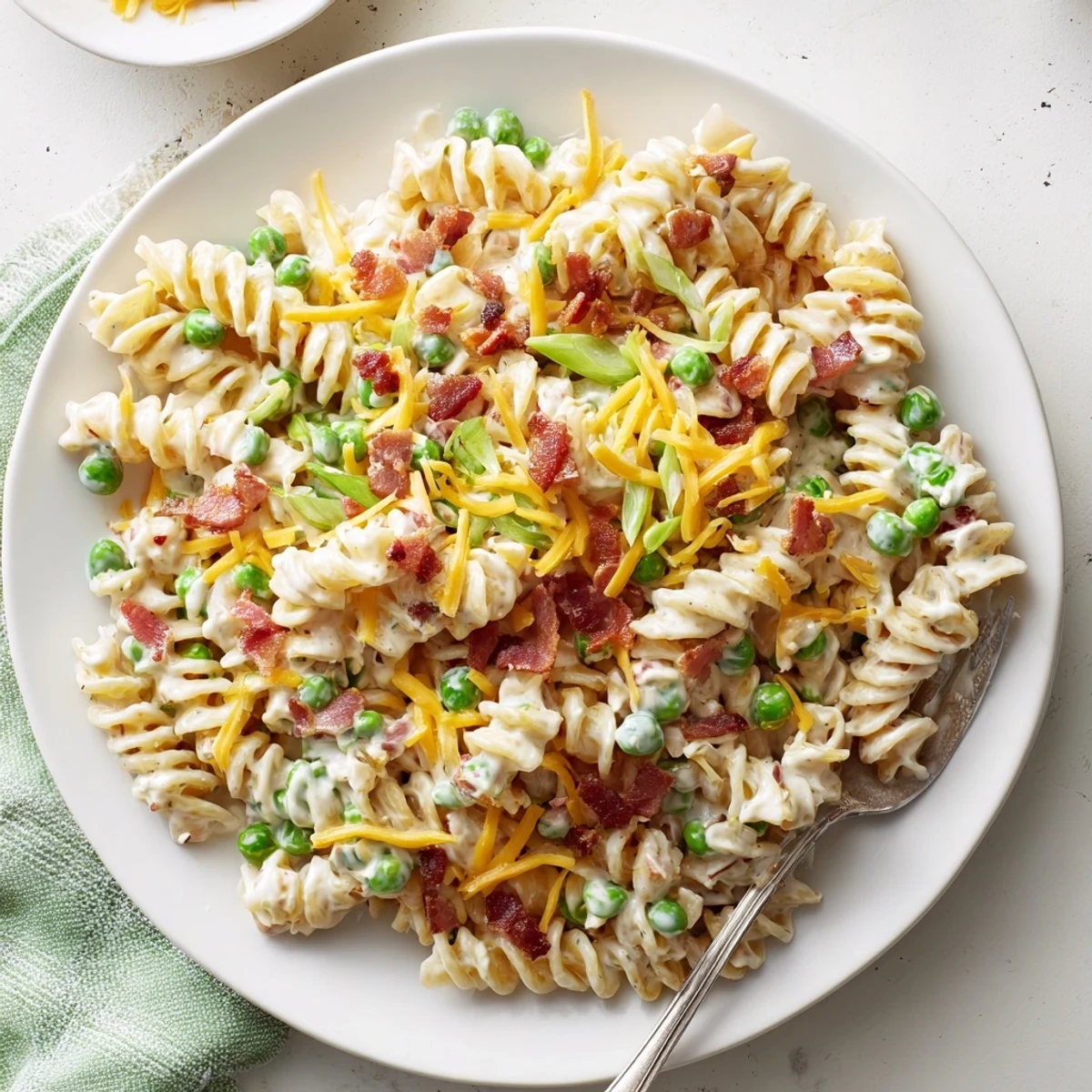 Serving of addictive pasta salad featuring rotini noodles coated in tangy ranch dressing with savory bacon bits