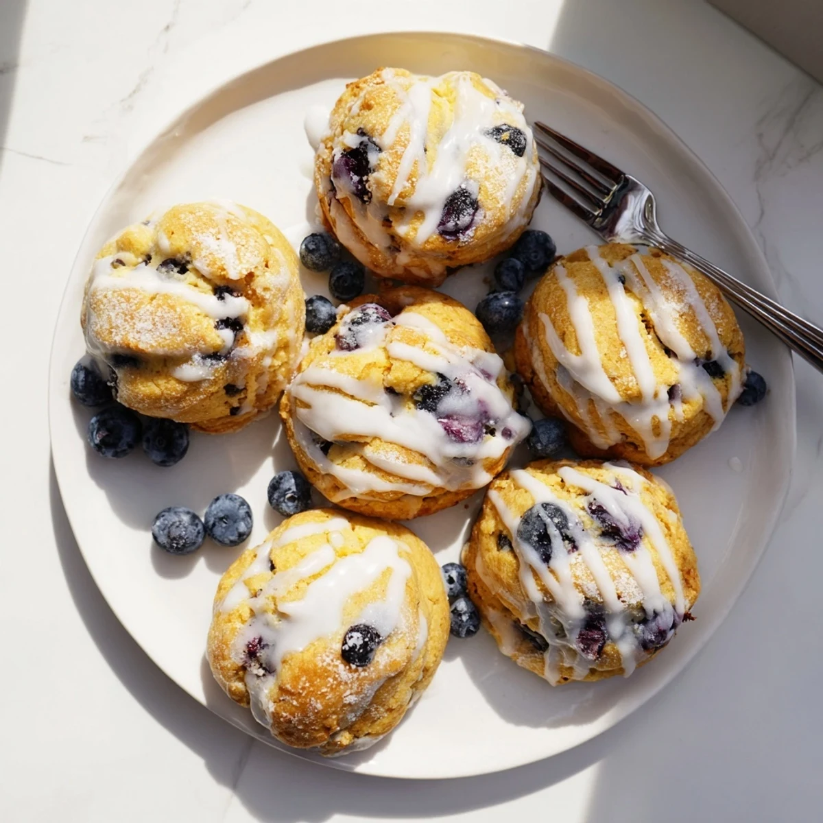 Golden lemon blueberry cheesecake cookies with creamy center and fresh berries on white plate