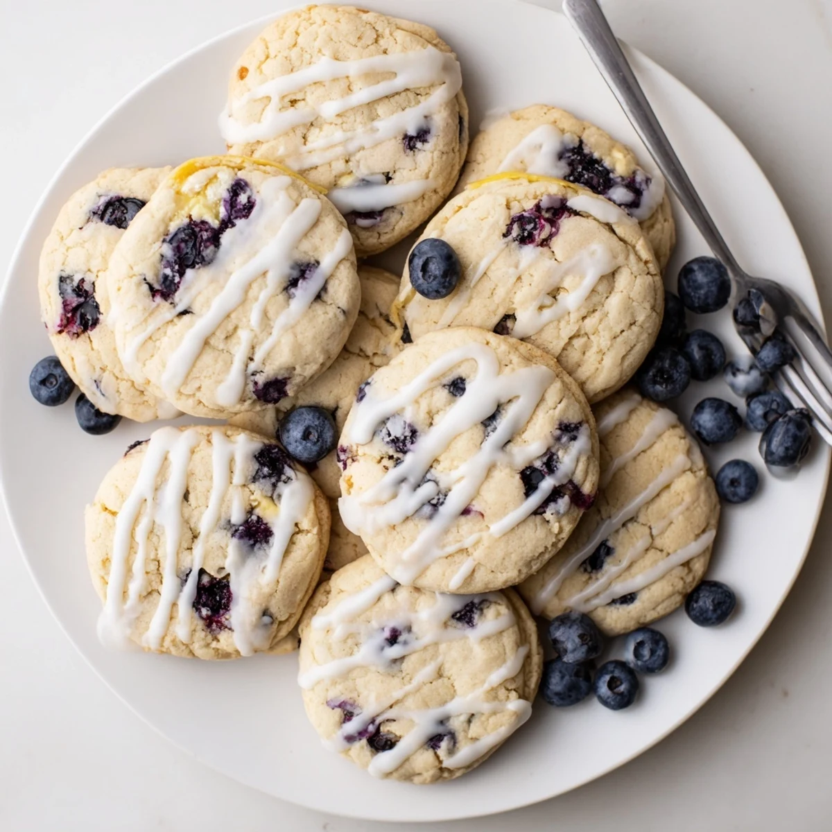 Soft baked lemon blueberry cheesecake cookies drizzled with tangy glaze on cooling rack