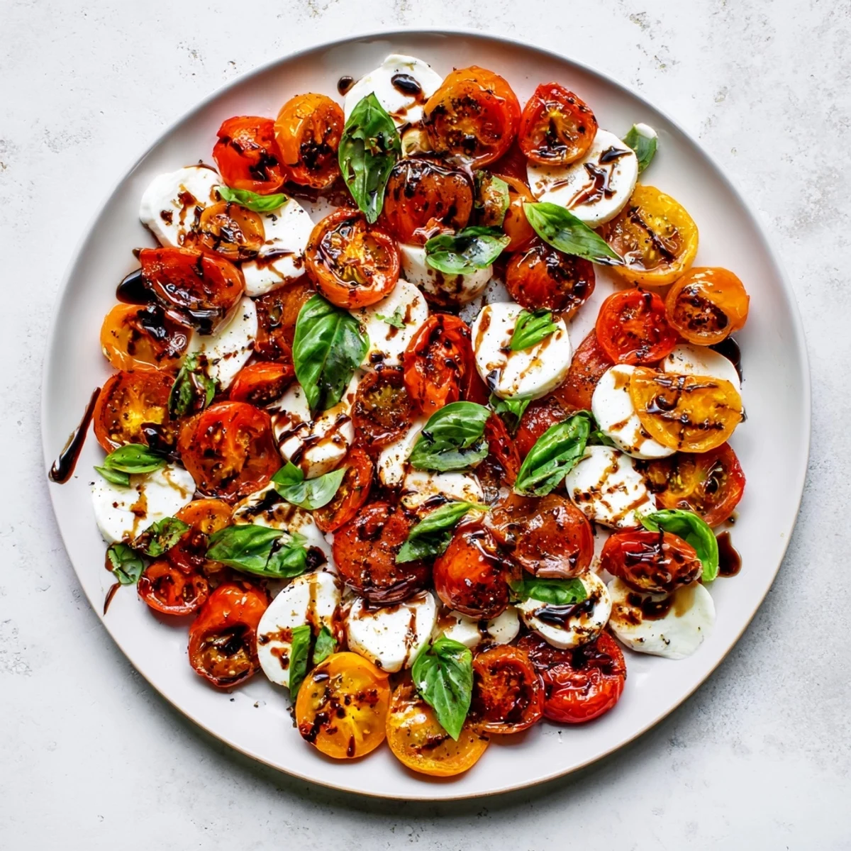 Golden roasted cherry tomatoes layered with fresh mozzarella and basil on a white serving platter