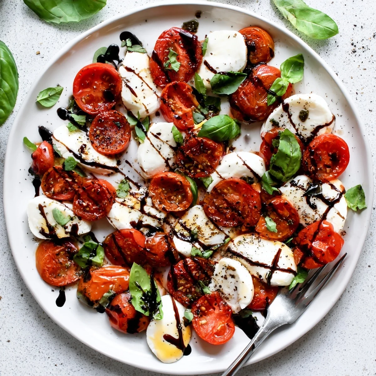 Roasted Tomato Caprese Salad featuring caramelized tomatoes, creamy cheese, and drizzled balsamic glaze