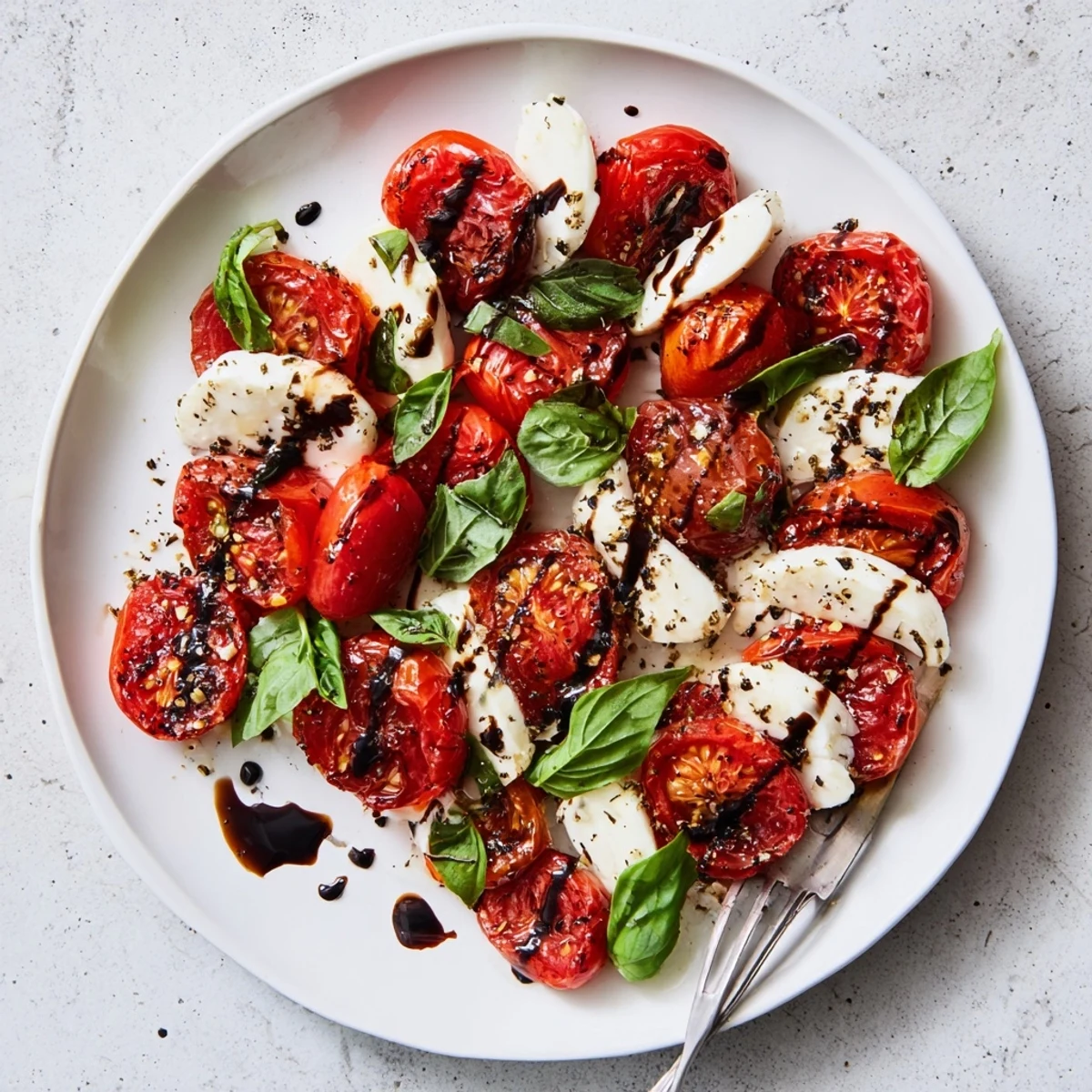 Vibrant Italian salad with roasted tomatoes, mozzarella slices, and fragrant green basil leaves