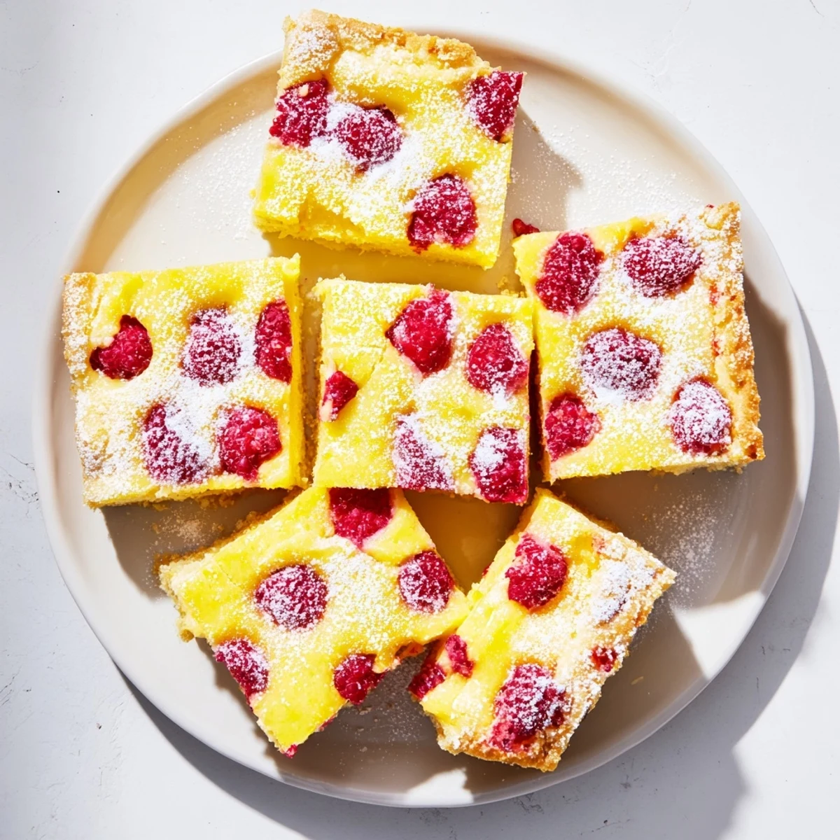 Golden lemon raspberry bars featuring a buttery shortbread crust topped with vibrant red berry filling