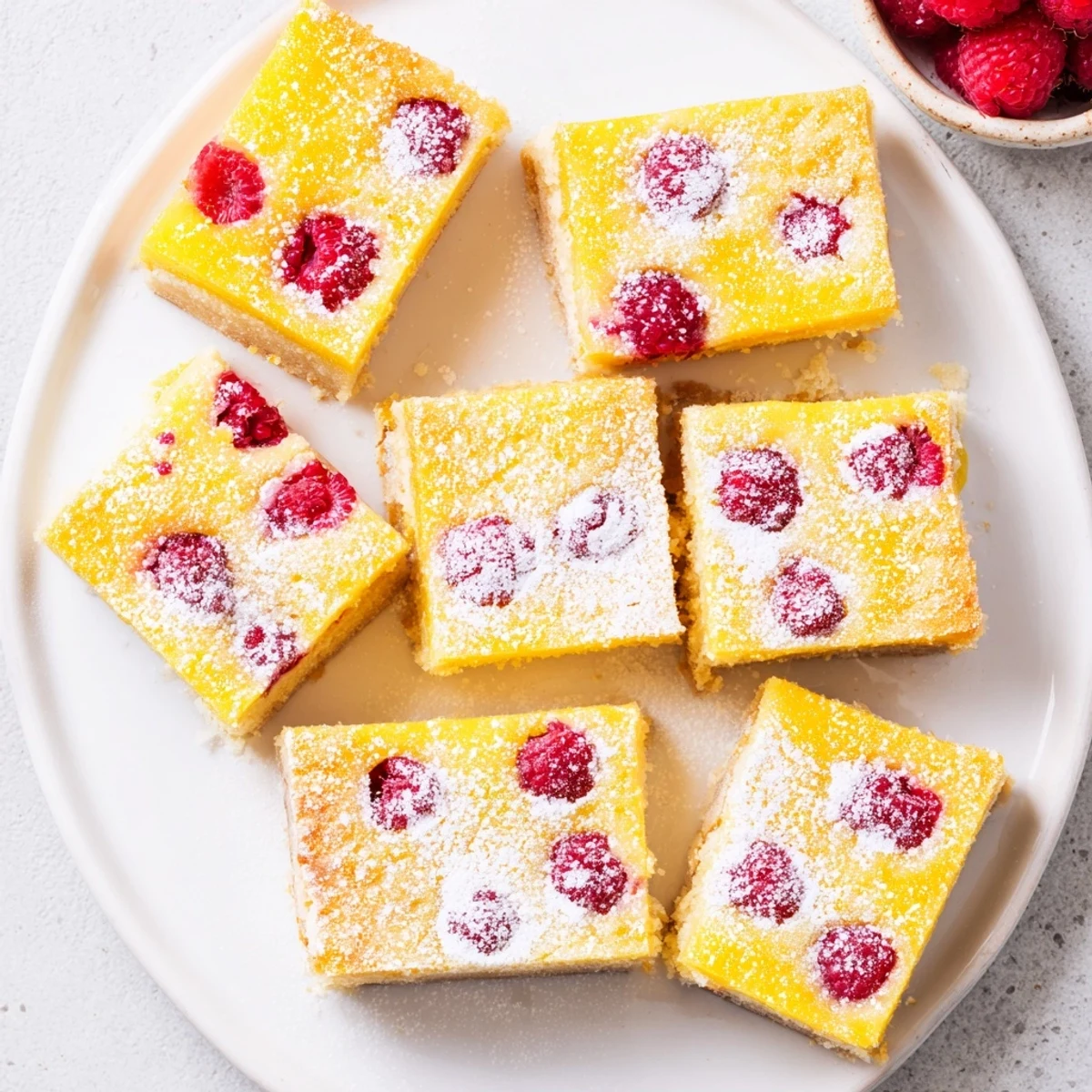 Tangy lemon raspberry bars on a white plate dusted with powdered sugar for serving