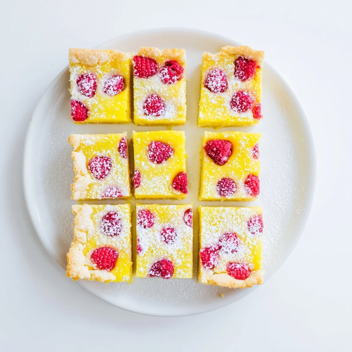 Homemade lemon raspberry bars cut into squares showing the fruity layers and golden base