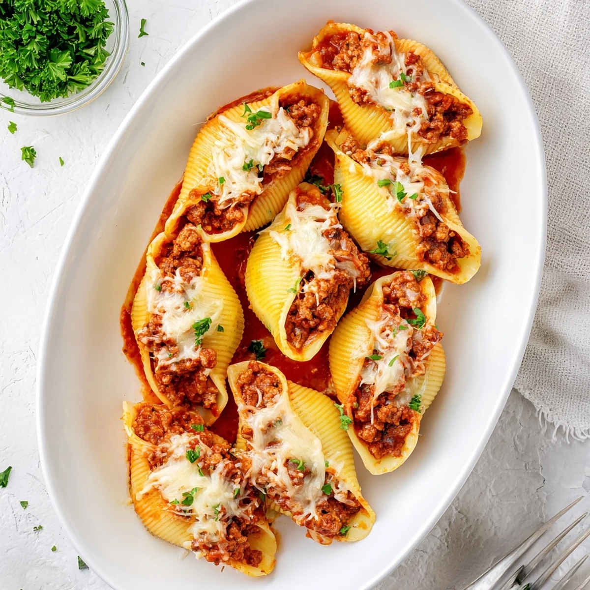 Golden cheesy beef stuffed shells with ricotta filling baked in rich creamy tomato sauce