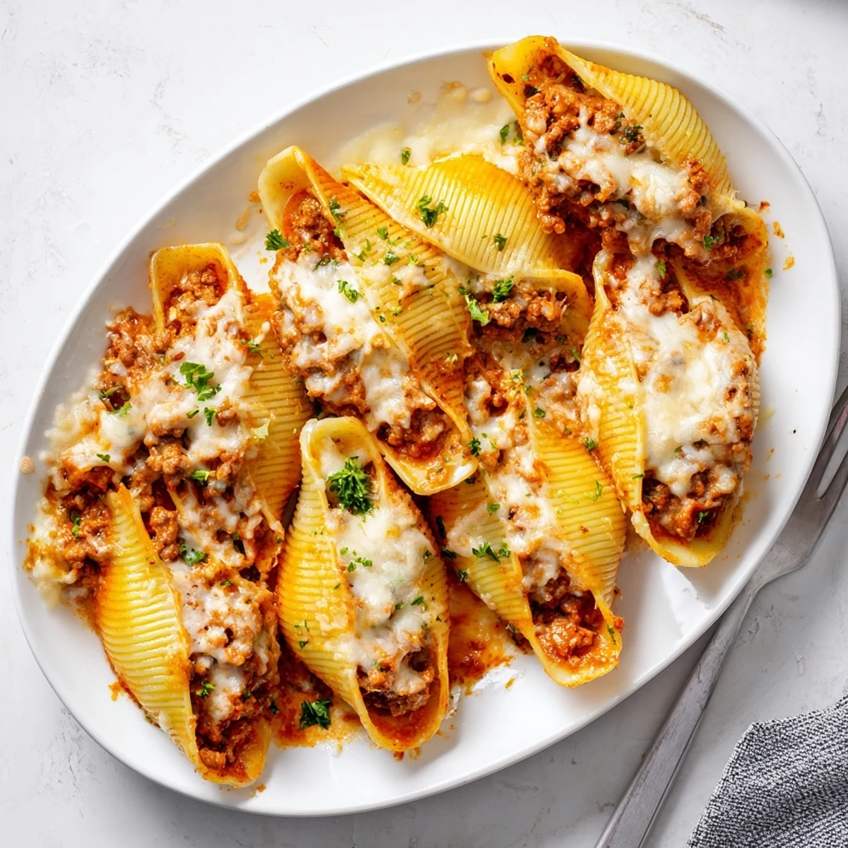 Tender jumbo pasta shells filled with savory beef ricotta mixture topped with melted mozzarella cheese