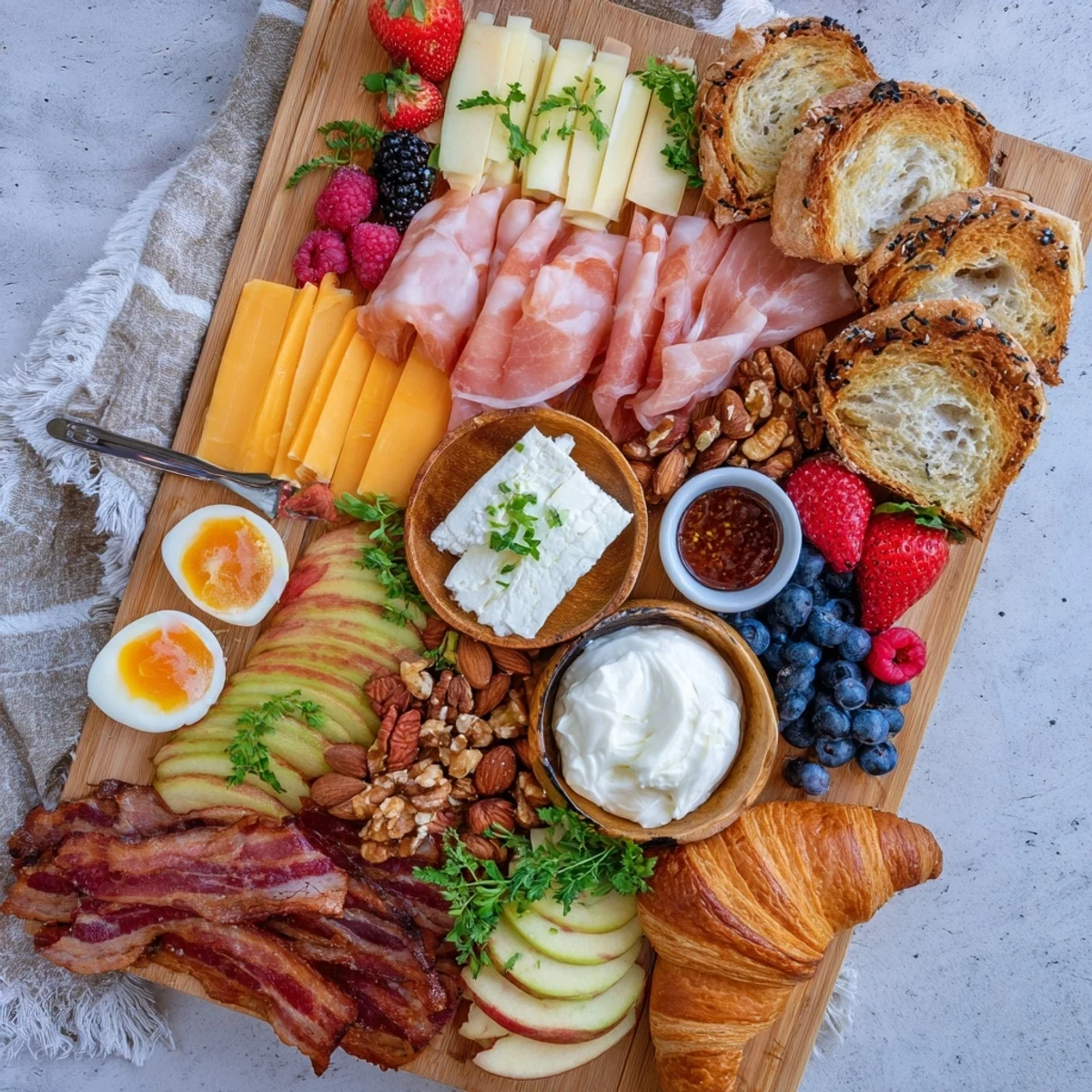 Colorful breakfast charcuterie board piled with prosciutto, brie, fresh berries, croissants, and honey on a wooden platter