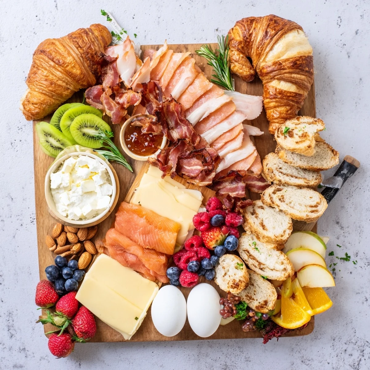 Rustic breakfast charcuterie board featuring smoked salmon, boiled eggs, pastries, and seasonal fruits arranged for sharing