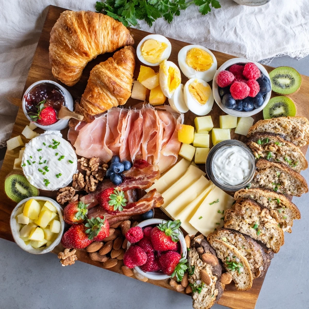 Vibrant breakfast charcuterie board with bacon, cheddar, mixed fruit, nuts, and spreads perfect for weekend brunch