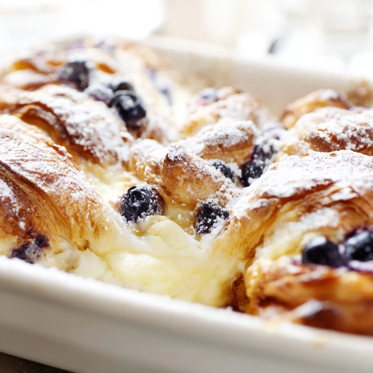 Golden blueberry cream cheese croissant casserole fresh from the oven with buttery layers
