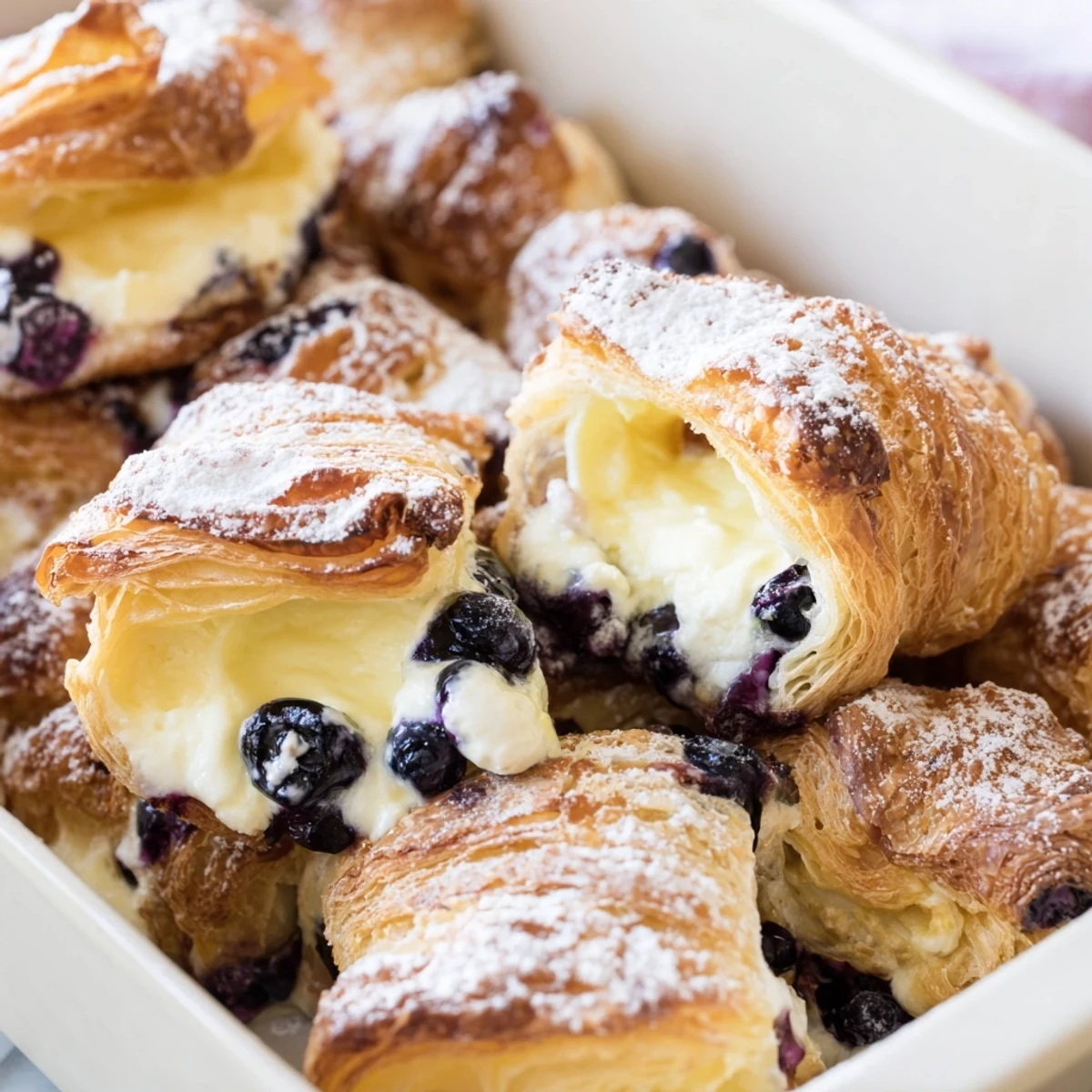 Brunch ready blueberry cream cheese croissant casserole dusted with powdered sugar on a white plate