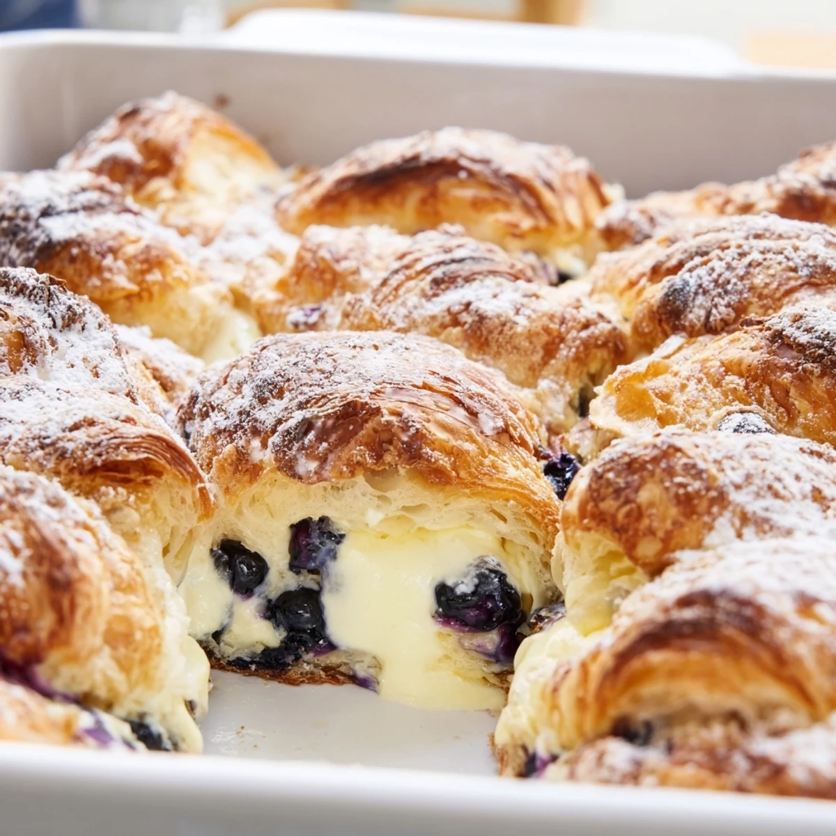 Buttery baked blueberry cream cheese croissant casserole with juicy berries and golden brown edges