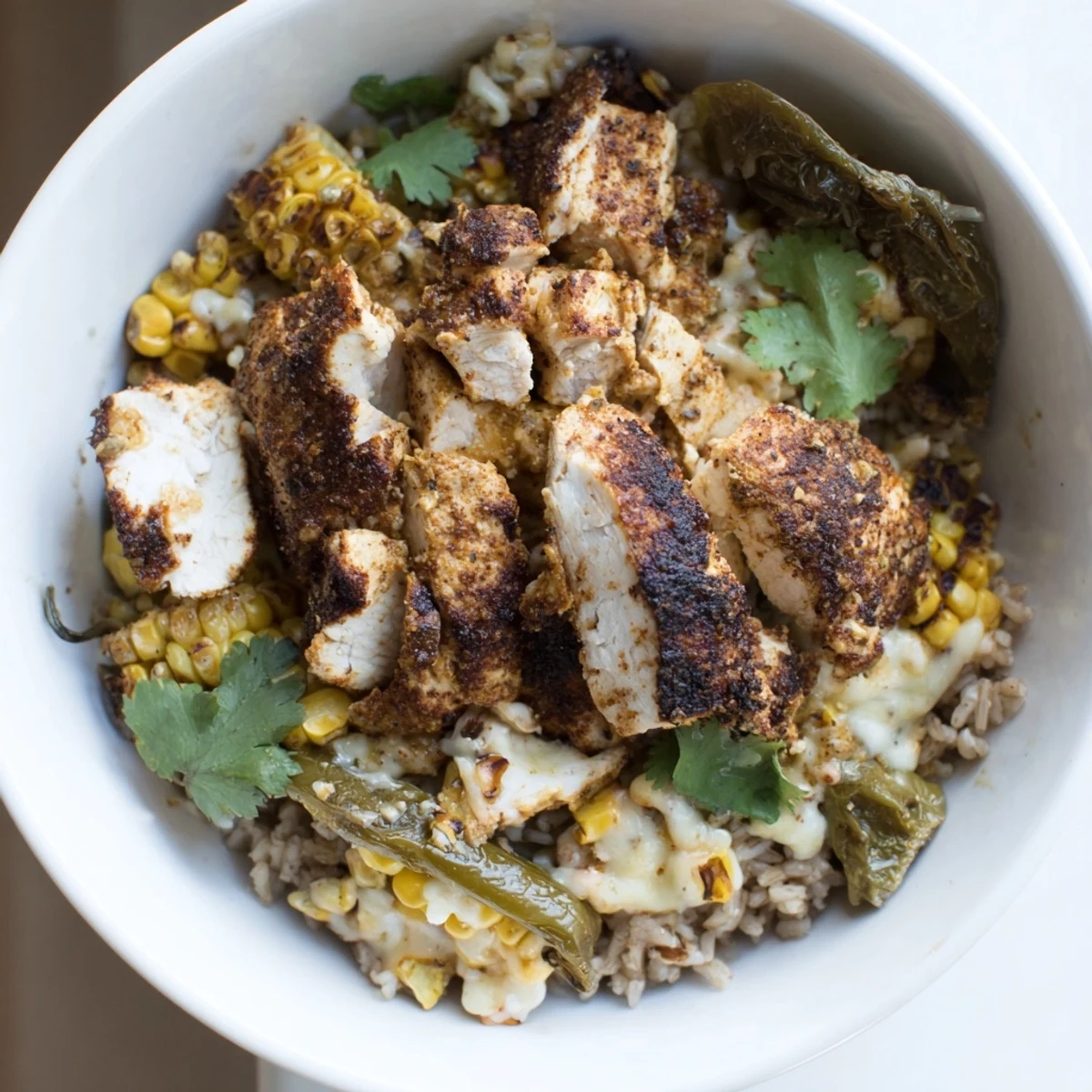 Hearty Southwest spice green chile bowl topped with tender sliced chicken avocado and fresh cilantro