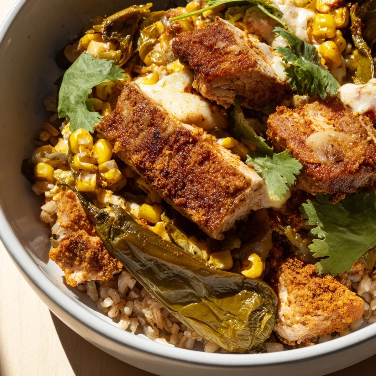 Colorful green chile bowl featuring roasted peppers corn spinach over fluffy rice with zesty seasonings