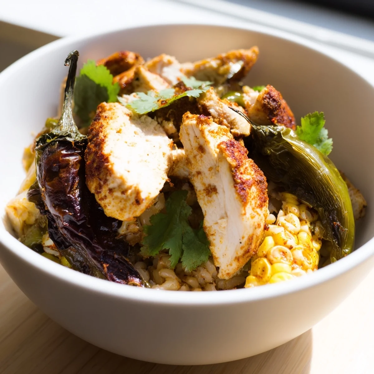 Warm southwestern chicken and rice bowl loaded with roasted green chiles bell peppers and melted cheese