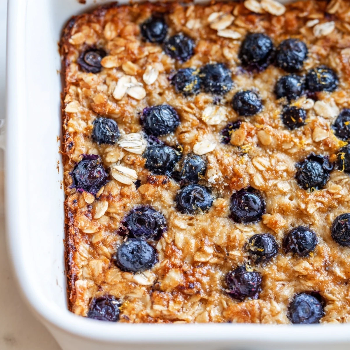 Baked oatmeal squares featuring juicy blueberries and bright lemon in a dish
