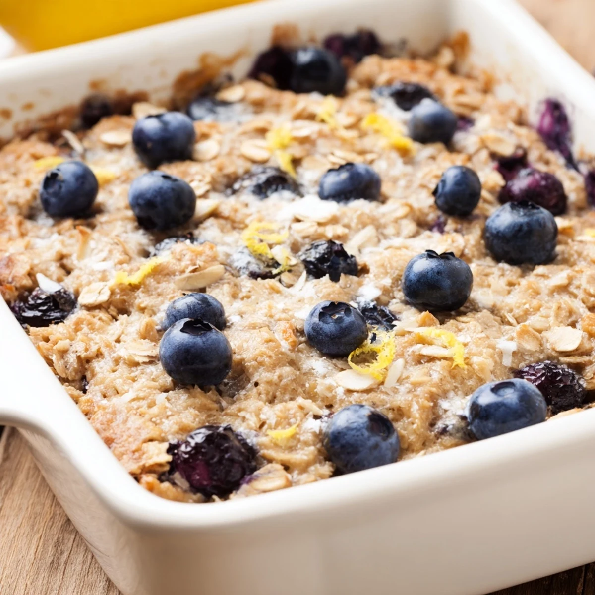 Golden lemon blueberry baked oatmeal with fresh berries and zest topping