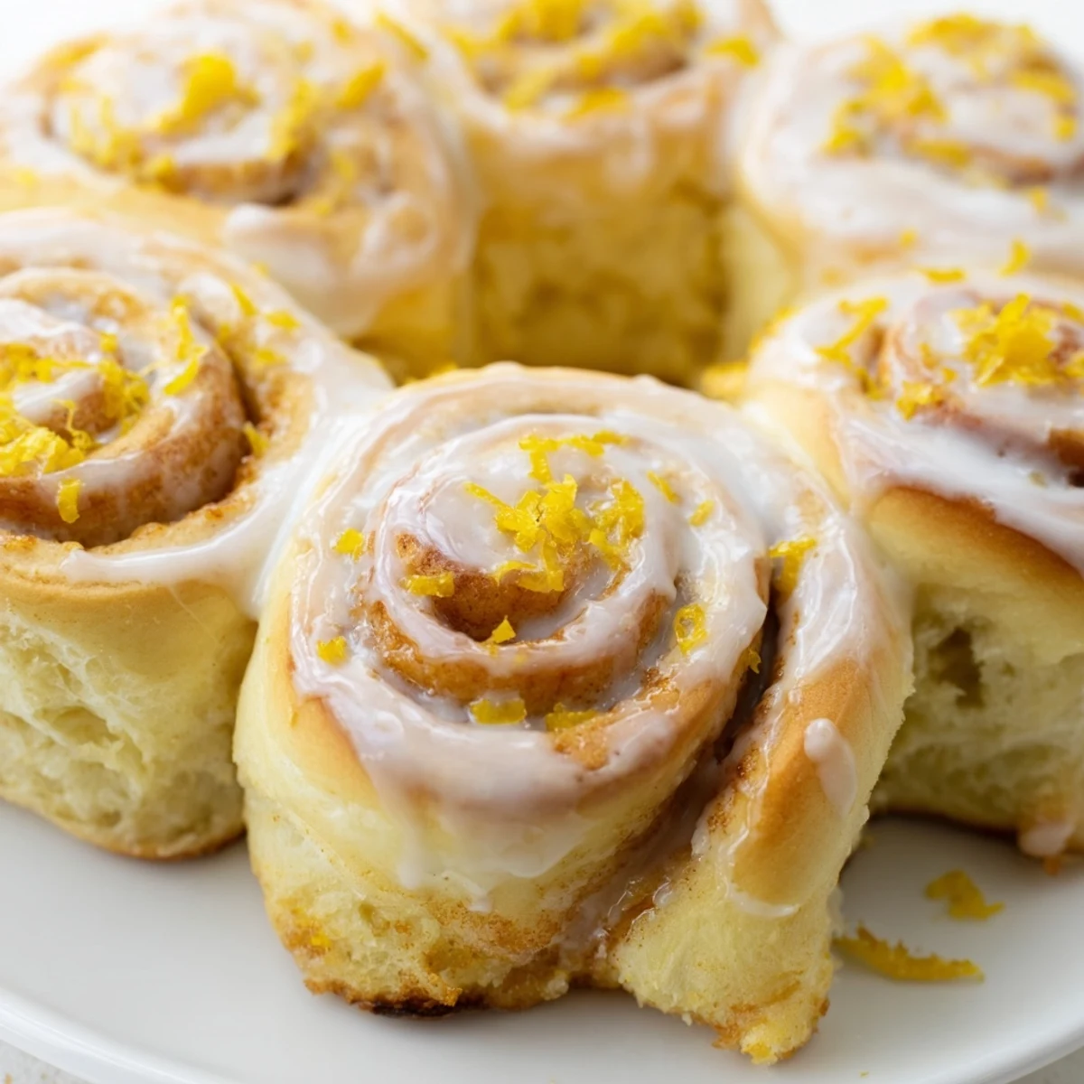 Soft golden lemon rolls drizzled with tangy white glaze on a rustic wooden board